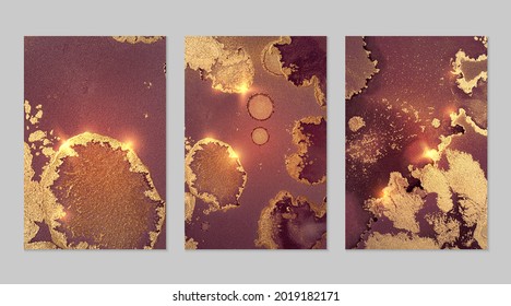 Marble set of gold, burgundy and mauve backgrounds with texture. Geode pattern with glitter. Abstract vector backdrops in fluid art alcohol ink technique. Modern paint with sparkles for banner, poster