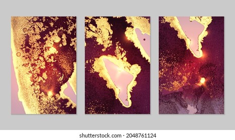 Conjunto de mármol de fondo dorado y marrón oscuro con textura. Patrón geode con brillo. Retroceso vector abstracto en la técnica de tinta de alcohol de arte fluido. Pintura moderna con destellos para pancarta, afiche