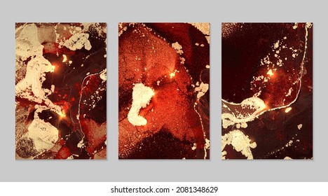 Marble set of gold, dark red and black backgrounds with texture. Geode pattern with glitter. Abstract vector backdrops in fluid art alcohol ink technique. Modern paint with sparkles for banner, poster