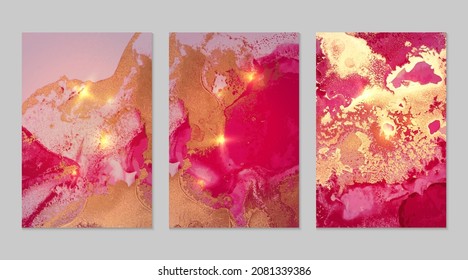 Marble set of gold, fuschia backgrounds with texture. Geode pattern with glitter. Abstract vector backdrops in fluid art alcohol ink technique. Modern paint with sparkles for banner, poster