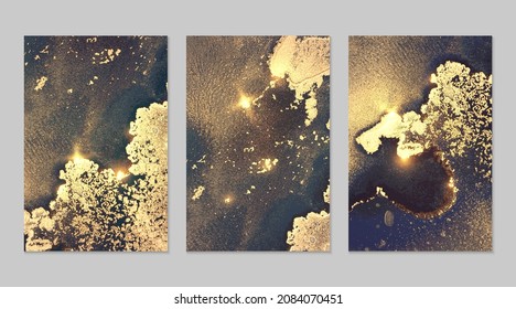 Marble set of gold, grey, and blue backgrounds with texture. Geode pattern with glitter. Abstract vector backdrops in fluid art alcohol ink technique. Modern paint with sparkles for banner, poster