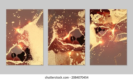 Marble set of gold, light red and black backgrounds with texture. Geode pattern with glitter. Abstract vector backdrops in fluid art alcohol ink technique. Modern paint with sparkles for banner