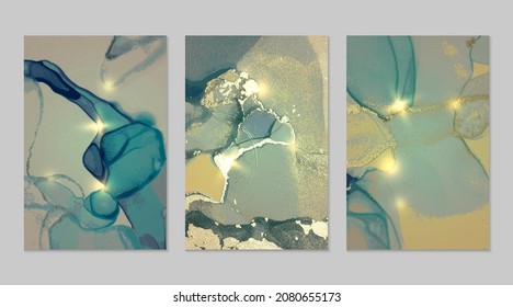 Marble set of gold and light turquoise backgrounds with texture. Geode pattern with glitter. Abstract vector backdrops in fluid art alcohol ink technique. Modern paint with sparkles for banner, poster