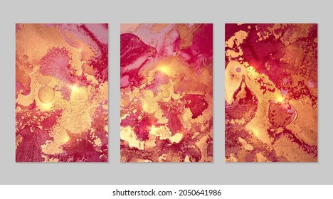 Marble set of gold, maroon and magenta backgrounds with texture. Geode pattern with glitter. Abstract vector backdrops in fluid art alcohol ink technique. Modern paint with sparkles for banner, poster