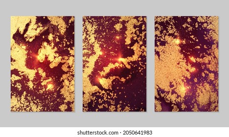 Marble set of gold, maroon and purple backgrounds with texture. Geode pattern with glitter. Abstract vector backdrops in fluid art alcohol ink technique. Modern paint with sparkles for banner, poster