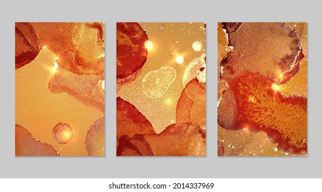 Marble set of gold, orange and red backgrounds with texture. Geode pattern with glitter. Abstract vector backdrops in fluid art alcohol ink technique. Modern paint with sparkles for banner, poster