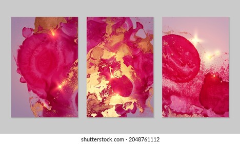 Marble set of gold, pink and magenta backgrounds with texture. Geode pattern with glitter. Abstract vector backdrops in fluid art alcohol ink technique. Modern paint with sparkles for banner, poster