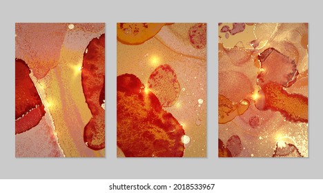 Marble set of gold, pink and orange backgrounds with texture. Geode pattern with glitter. Abstract vector backdrops in fluid art alcohol ink technique. Modern paint with sparkles for banner, poster