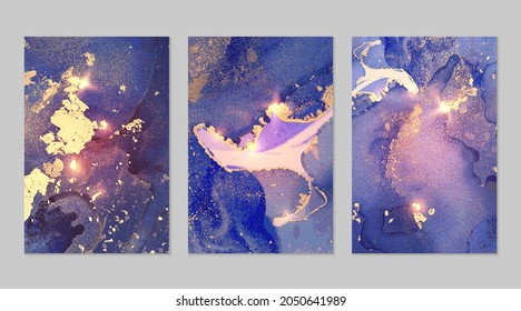 Marble set of gold, purple and blue backgrounds with texture. Geode pattern with glitter. Abstract vector backdrops in fluid art alcohol ink technique. Modern paint with sparkles for flyers