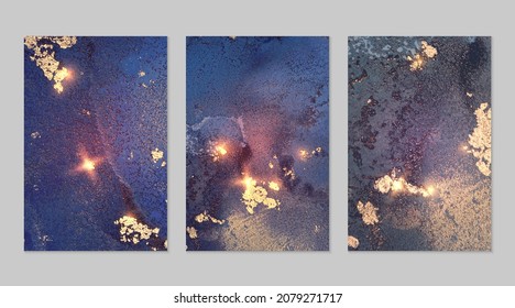 Marble set of gold, purple and denim blue backgrounds with texture. Geode pattern with glitter. Abstract vector backdrops in fluid art alcohol ink technique. Modern paint with sparkles for flyers