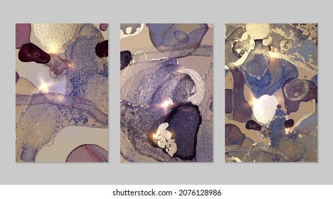 Conjunto de mármol de fondo dorado, morado y gris con textura. Patrón geode con brillo. Retroceso vector abstracto en la técnica de tinta de alcohol de arte fluido. Pintura moderna con destellos para pancarta, afiche