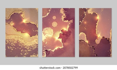 Marble set of gold, rose and mauve backgrounds with texture. Geode pattern with glitter. Abstract vector backdrops in fluid art alcohol ink technique. Modern paint with sparkles for banner, poster