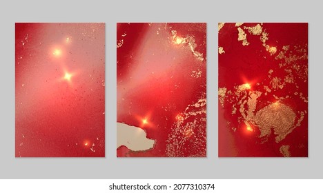 Marble set of gold and ruby red backgrounds with texture. Geode pattern with glitter. Abstract vector backdrops in fluid art alcohol ink technique. Modern paint with sparkles for banner, poster