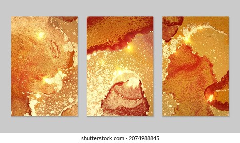 Marble set of gold, yellow and amber backgrounds with texture. Geode pattern with glitter. Abstract vector backdrops in fluid art alcohol ink technique. Modern paint with sparkles for banner, poster