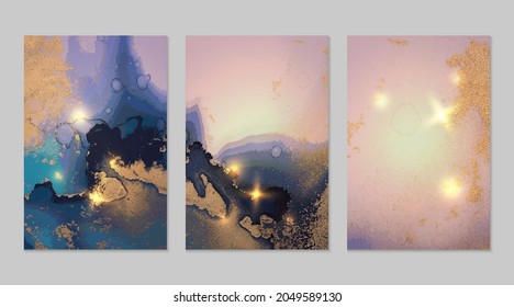 Marble set of pink, gold and blue backgrounds with texture. Geode pattern with glitter. Abstract vector backdrops in fluid art alcohol ink technique. Modern paint with sparkles for banner, poster