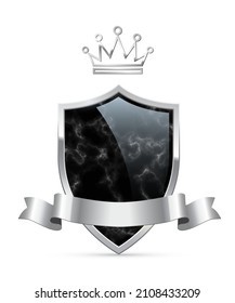Marmorschild mit silbernem Rahmen, Kronen und Band. Heraldische Embleme, Vektorgrafik. Retro Luxus-Elemente mit leuchtenden Funkeln. Kräutertrockene Insignien, antike Dekoration auf weißem Hintergrund.