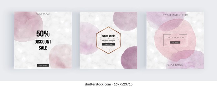 Marble social media banners with soft pastel pink round watercolor shapes. Modern geometric neutral template for flyer, card