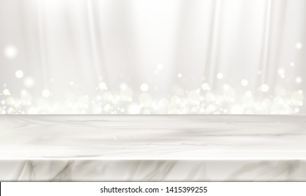 Marble stage or table with white silk curtains background and glowing sparkles. Elegant decorative backdrop with pearly chiffon flowing fabric drapery and soft light. Realistic 3d vector illustration