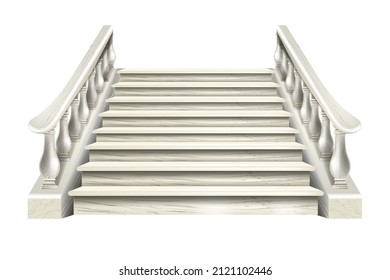 Marble staircase vector illustration, 3D white stone stairs, architecture interior design element. Vintage palace ladder, classic theater rail isolated on white. Greek decor marble staircase