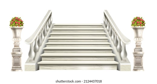 Marble staircase vector illustration, architecture vintage interior element, 3D white stone stairs. Palace balustrade, Greek vase decor, classic theater decoration isolated on white. Marble staircase
