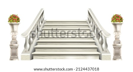 Marble staircase vector illustration, architecture vintage interior element, 3D white stone stairs. Palace balustrade, Greek vase decor, classic theater decoration isolated on white. Marble staircase Foto stock © 
