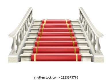 Marble staircase vector illustration, red carpet, 3D white stone stairs, architecture interior element. Palace balustrade, vintage classic theater rail isolated on white, Greek decor. Marble staircase