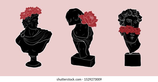 Marble statue head with flowers and various leaves on pink background. Red rose. Bud of pion. Stylish design for wedding invitations, ethnic boho style decor.