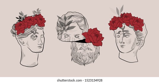 Marble statue head of goddess woman and man with flowers and various leaves on pink background. Red rose. Bud of pion. Stylish design for wedding invitations, ethnic boho style decor.