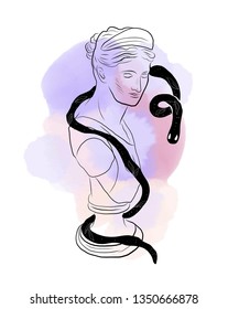 Marble statue on watercolor background. Snake creeps on sculpture of goddess. Linear tattoo design