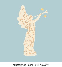 Marble Statue. Sculpture with wings. Antique statue with horn. Statue of angel. Hand drawn modern Vector illustration. Cartoon style. Isolated on blue