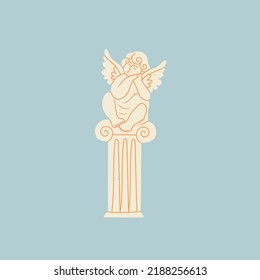 Marble Statue. Sculpture with wings. Antique statue of angel, cupid, cherub. Hand drawn modern Vector illustration. Cartoon style. Isolated on blue