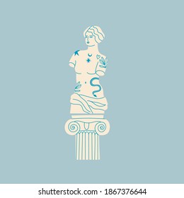 Marble statue of Venus on the column. Greek ancient statue with modern Tattoos. T-shirt print design template. Hand drawn trendy Vector illustration. Isolated on blue