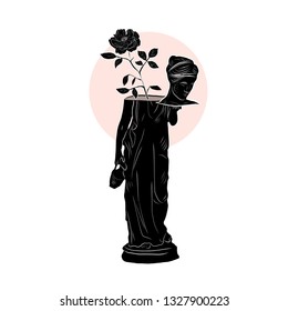 Marble statue of woman with rose blooming inside body. Abstract mystical modern sculpture. Linear silhouette of woman in minimalist style.