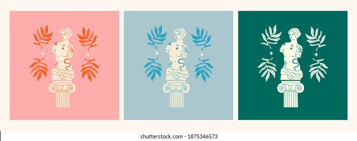 Marble Statues of Venus, column, branches. Greek ancient statue with modern Tattoos. T-shirt print design template. Set of three Hand drawn trendy Vector illustrations. Isolated on white