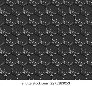 Marble stone  black ceramics flooring. Cobblestone road with mosaic hexagon blocks. Grunge white specks tiles, seamless texture for pavement. Top view of pave pattern. Vector background