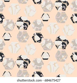 Marble stone hexagons seamless pale pink vector texture. Stone grey and black geo vector background.