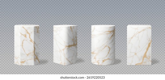 Marble stone pillar podiums with golden streaks. Realistic 3d vector white column pedestal stands or blocks of geometric shapes like square, cylindrical, hexagonal. Pillar platforms, displays or bases
