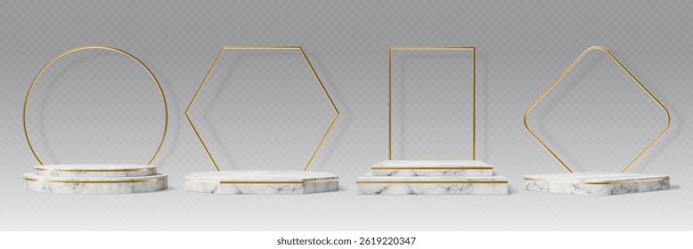 Marble stone podium with golden frames. 3d vector realistic stands or pedestals with geometric borders. White marbleized stone platforms or displays, exhibit or gallery bases for product presentation