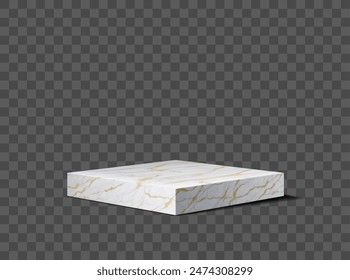 Marble stone podium stage. Isolated 3d vector mockup of rectangular base, scene, showcase or pedestal for cosmetics product presentation, with realistic marbleized texture with white and gold veining.