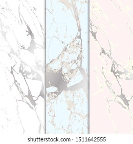 Marble stone textured. Vector marble background with silver lines decoration. Set of marble patterns.