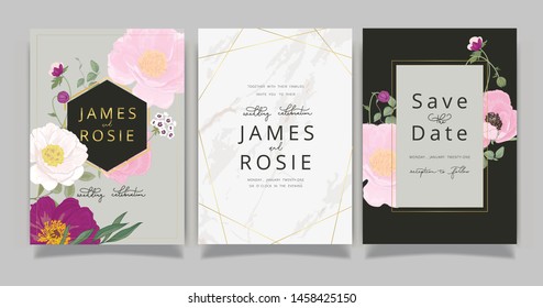Marble Summer Flower Wedding Invitation set, floral invite thank you, rsvp modern card Design in Pink peony and white  floral with leaf greenery  branches decorative Vector elegant rustic template