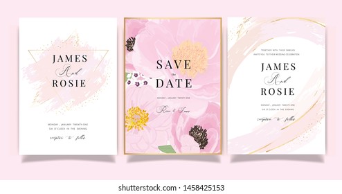 Marble Summer Flower Wedding Invitation set, floral invite thank you, rsvp modern card Design in Pink peony and white  floral with leaf greenery  branches decorative Vector elegant rustic template