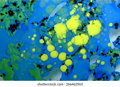 Marble technique - Abstract blue green white yellow painting background - Old marbled paper technique texture. Handmade marbleized effect with acrylic paints - vector