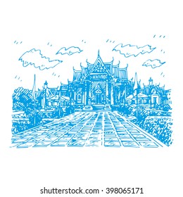 The Marble Temple (Wat Benchamabopit Dusitvanaram) in Bangkok, Thailand. Buddhist temple. Sketch by hand. Vector illustration