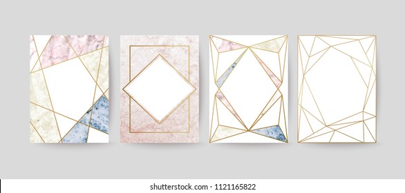 	
Marble texture background with geometric frame and gold. Modern design for wedding card, invitation, birthday, cover, flyer, brochure. Luxury branding identity. Vector illustration.