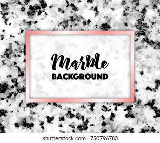 Marble texture background, rose gold pink frame with text example, vector illustration. Trendy stone texture for invitations, wedding cards, banners.