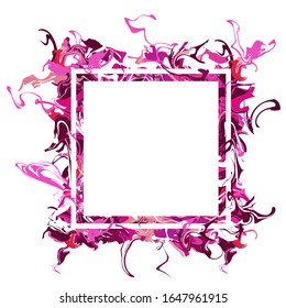 Pancarta de textura de mármol. Textura líquida. Manchas rojas y rosas. Marco blanco con pinturas rosas aisladas en fondo blanco 