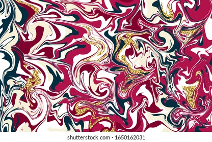 Marble texture banner. Liquid texture. Pink, blue, gold spots. Shining vector glitter illustration, for backgrounds, holidays, business cards, posters, cards. Water surface, paint, waves, stains.