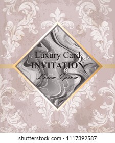 Marble texture and baroque ornament card Vector. Beautiful stone pattern. pastel colors