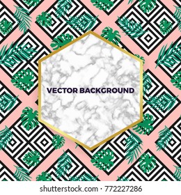 Marble texture card with modern geometric texture squares with exotic tropical jungle green palm leaves on the pink background. Black on white shapes. rombs, square. Poster, flayer wallpaper